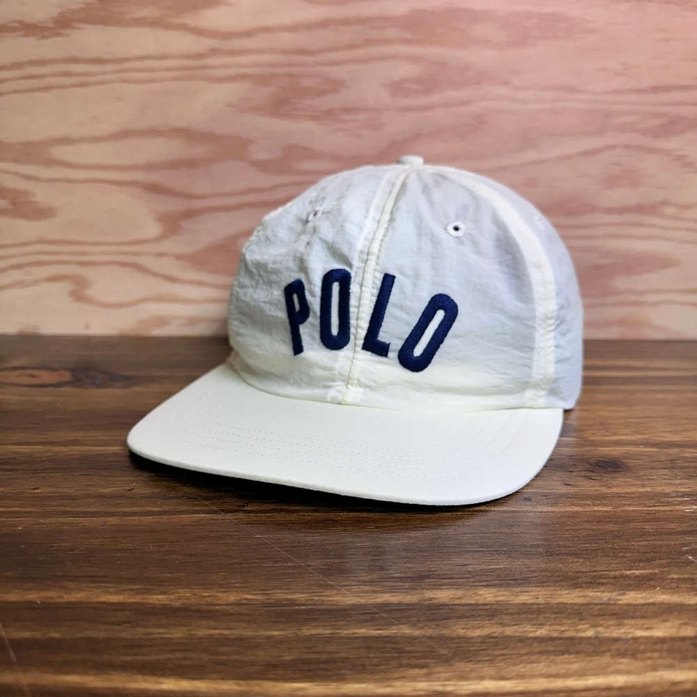 Vintage Polo Ralph Lauren Nylon Hat White Navy 90s Buckle Strap Spell Out Sail